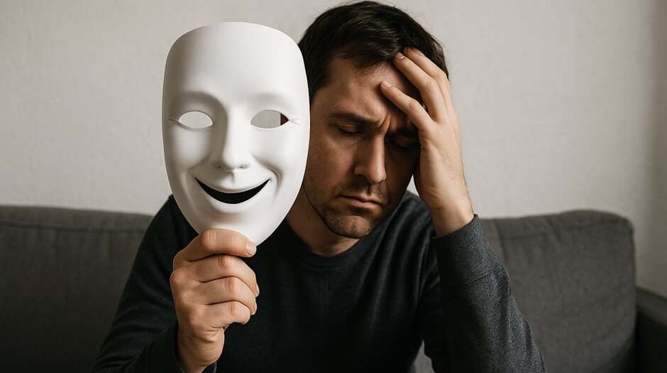 Uomo con espressione triste che tiene una maschera sorridente davanti al volto, simbolo degli sbalzi d’umore tipici del disturbo bipolare