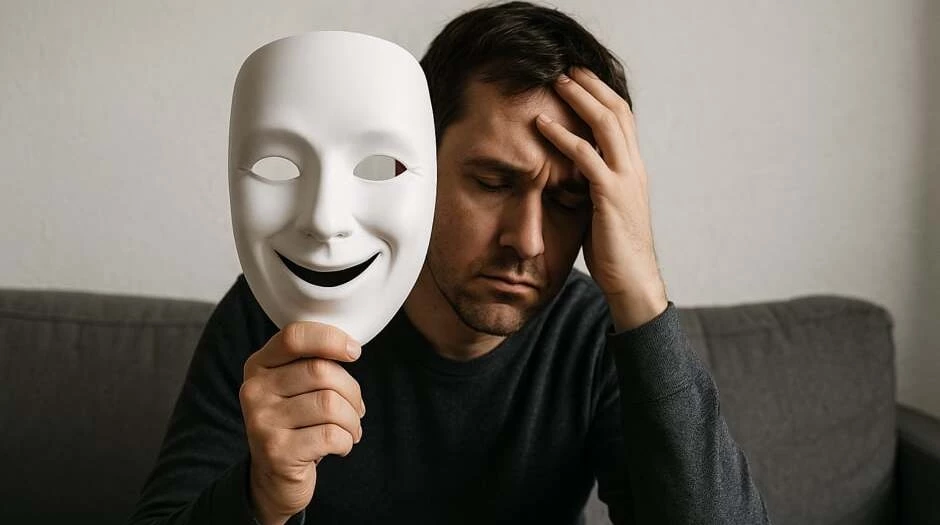 Uomo con espressione triste che tiene una maschera sorridente davanti al volto, simbolo degli sbalzi d’umore tipici del disturbo bipolare