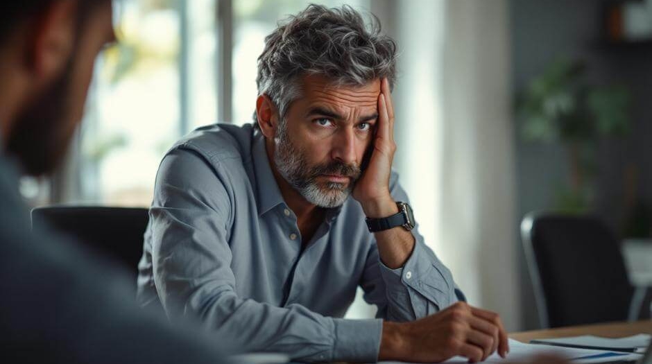 Uomo maturo visibilmente stanco e stressato in ufficio, con espressione preoccupata: immagine simbolica del burnout e dello stress da lavoro.