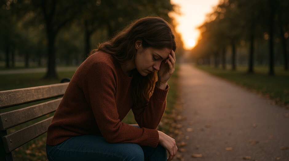 donna sola al tramonto su una panchina, riflessiva e sopraffatta dal peso emotivo del trauma