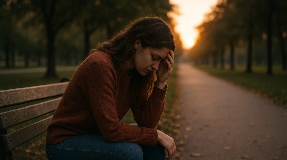 donna sola al tramonto su una panchina, riflessiva e sopraffatta dal peso emotivo del trauma