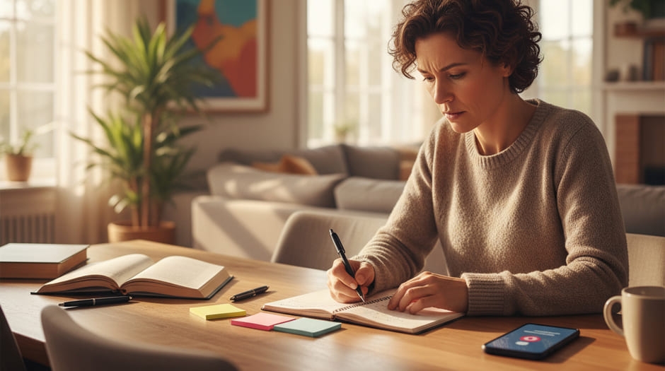 adulto in casa che consulta appunti con promemoria sul telefono, espressione pensierosa