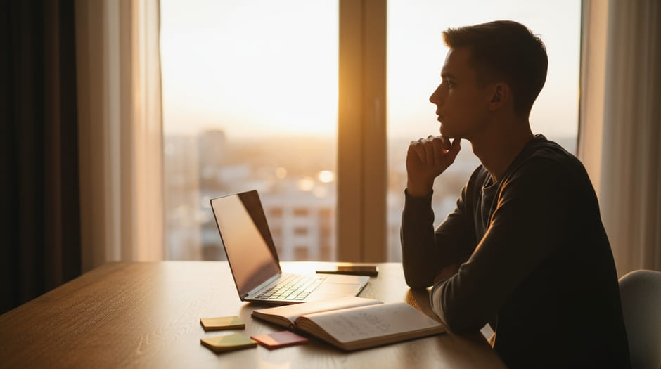 persona alla scrivania al tramonto che riflette sui propri impegni