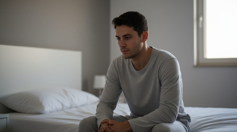 Giovane adulto seduto sul letto al mattino, pensieroso