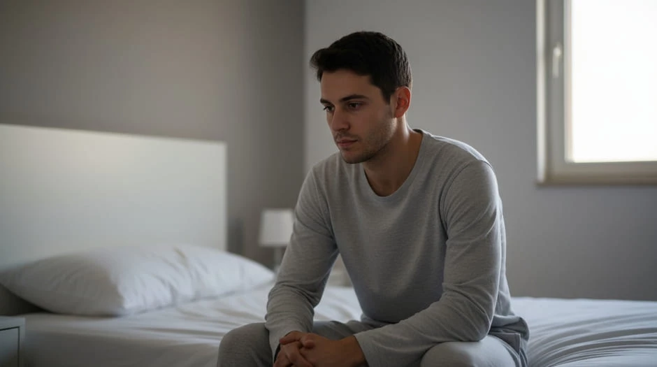 Giovane adulto seduto sul letto al mattino, pensieroso