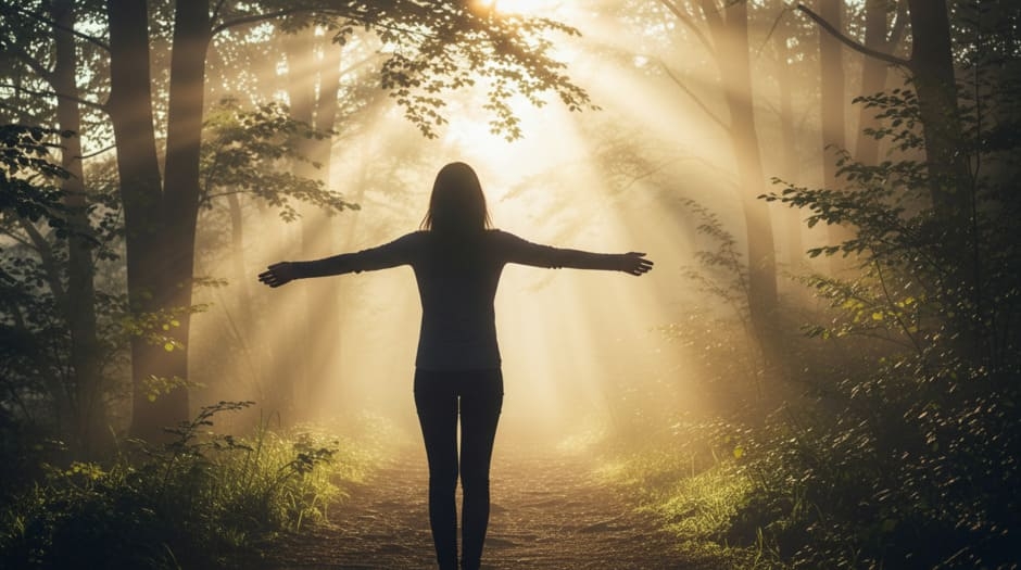 Donna all'alba in un sentiero tra gli alberi simboleggia la rinascita e il percorso di uscita dalla violenza attraverso la psicoterapia