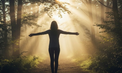 Donna all'alba in un sentiero tra gli alberi simboleggia la rinascita e il percorso di uscita dalla violenza attraverso la psicoterapia