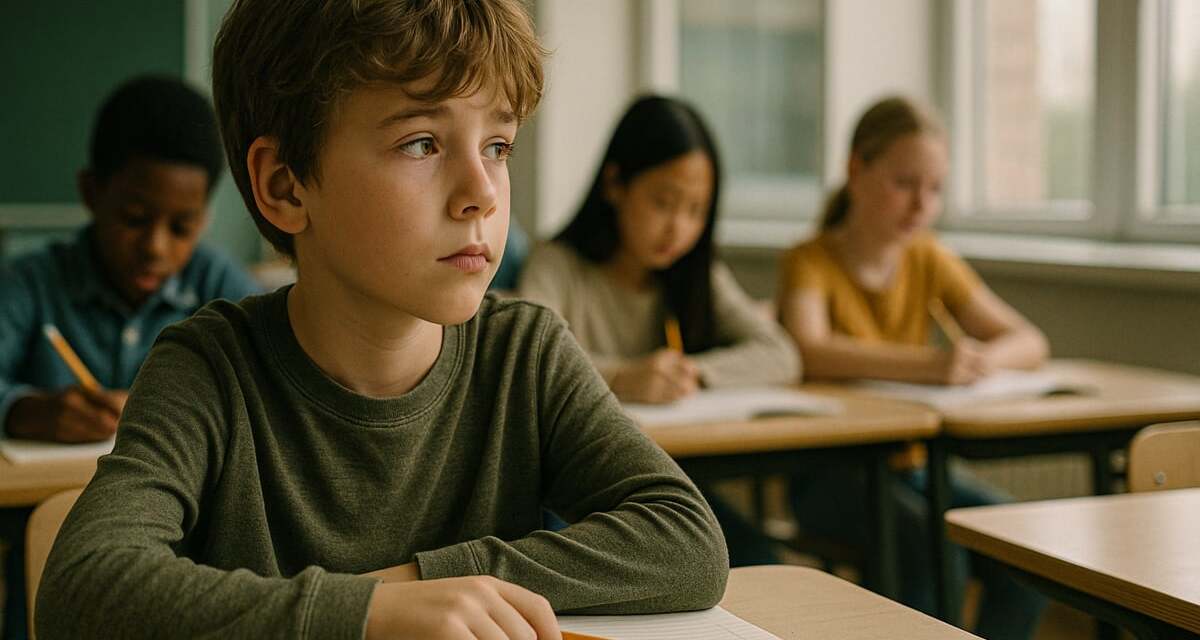 Bambino distratto durante la lezione in aula scolastica, simbolo delle difficoltà di attenzione legate all'ADHD nei bambini