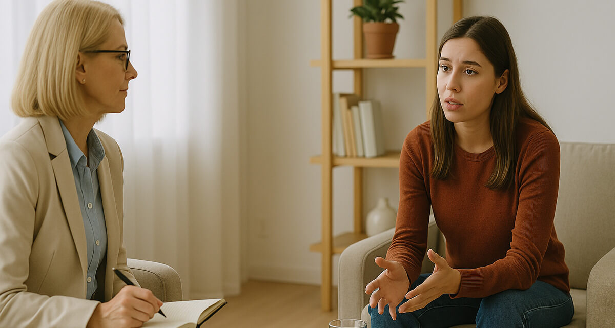 Seduta di psicoterapia in studio tra una giovane paziente e una psicoterapeuta