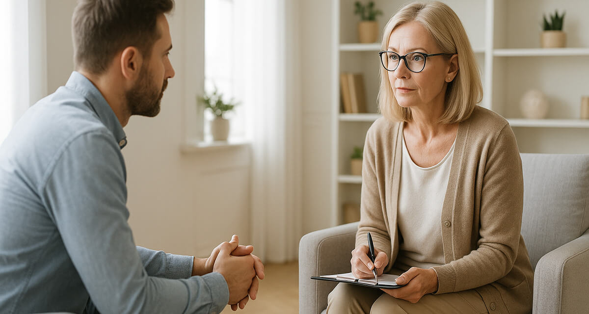 Terapeuta e paziente durante una seduta di psicoterapia di supporto alle dipendenze