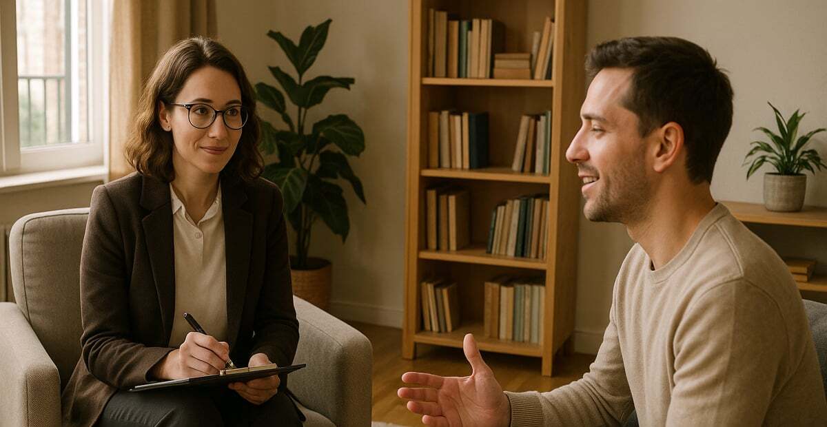 una psicoterapeuta durante una seduta con un paziente con disturbi di personalita, trasmette fiducia, professionalità e umanità 
