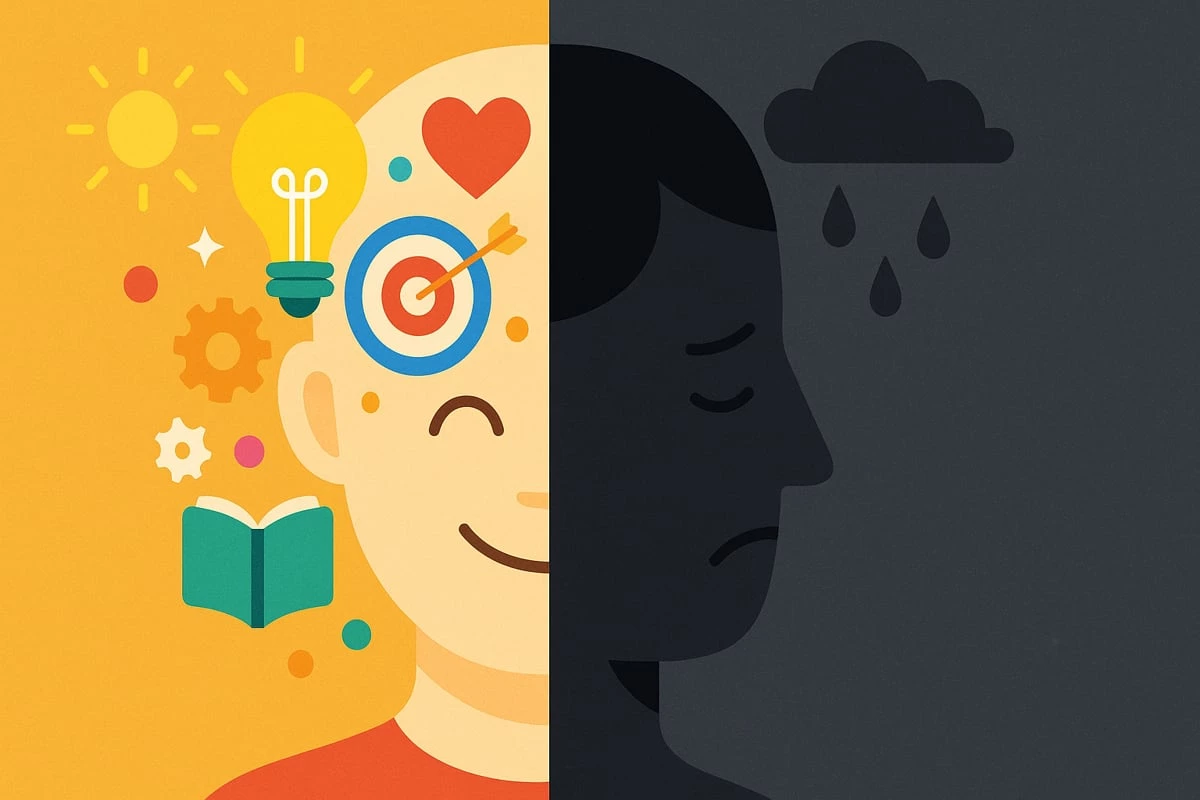 Illustrazione sul disturbo bipolare: testa umana divisa tra lato maniacale colorato e felice e lato depressivo in ombra e triste, simboli visivi dei due poli dell’umore