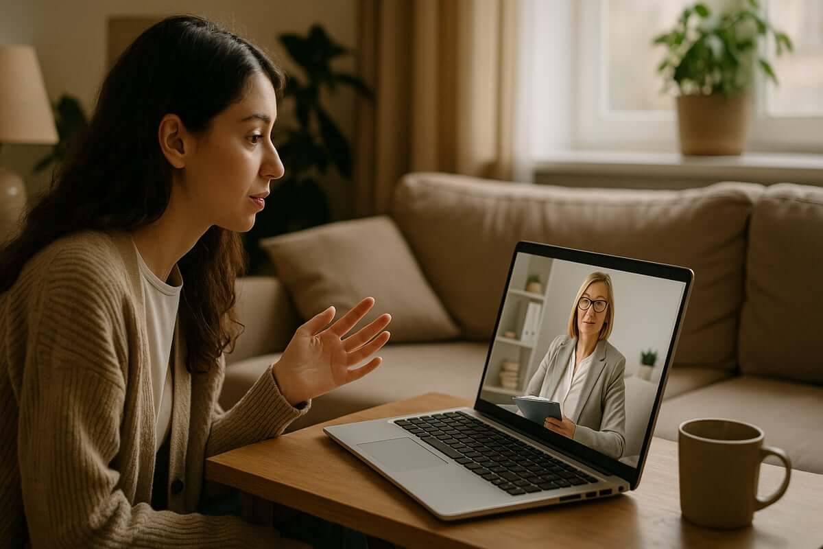 Seduta di psicoterapia online per il disturbo bipolare: giovane donna parla con una specialista in videochiamata da casa, in un ambiente tranquillo e accogliente