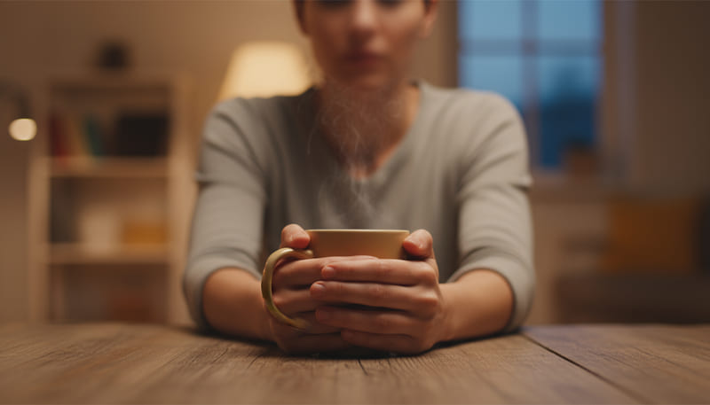 Mani che stringono una tazza con spalle in tensione, segnale di stress e overthinking