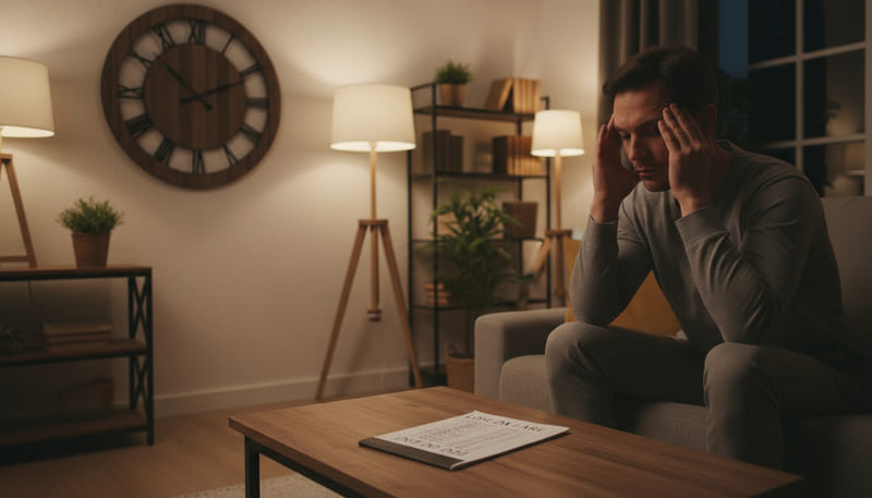 to-do list incompleta e persona stanca in casa, è tardi