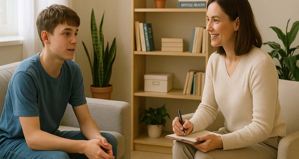 Adolescente durante un colloquio psicologico con una terapeuta sorridente in uno studio accogliente, simbolo di ascolto e supporto