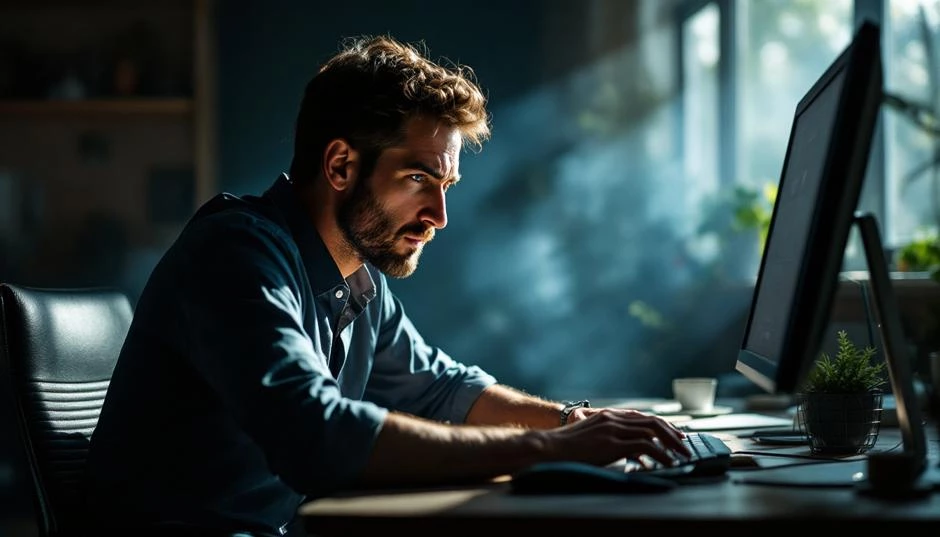 Giovane uomo concentrato davanti al computer in un ambiente buio, simbolo di sovraccarico mentale e workaholism legati al burnout.